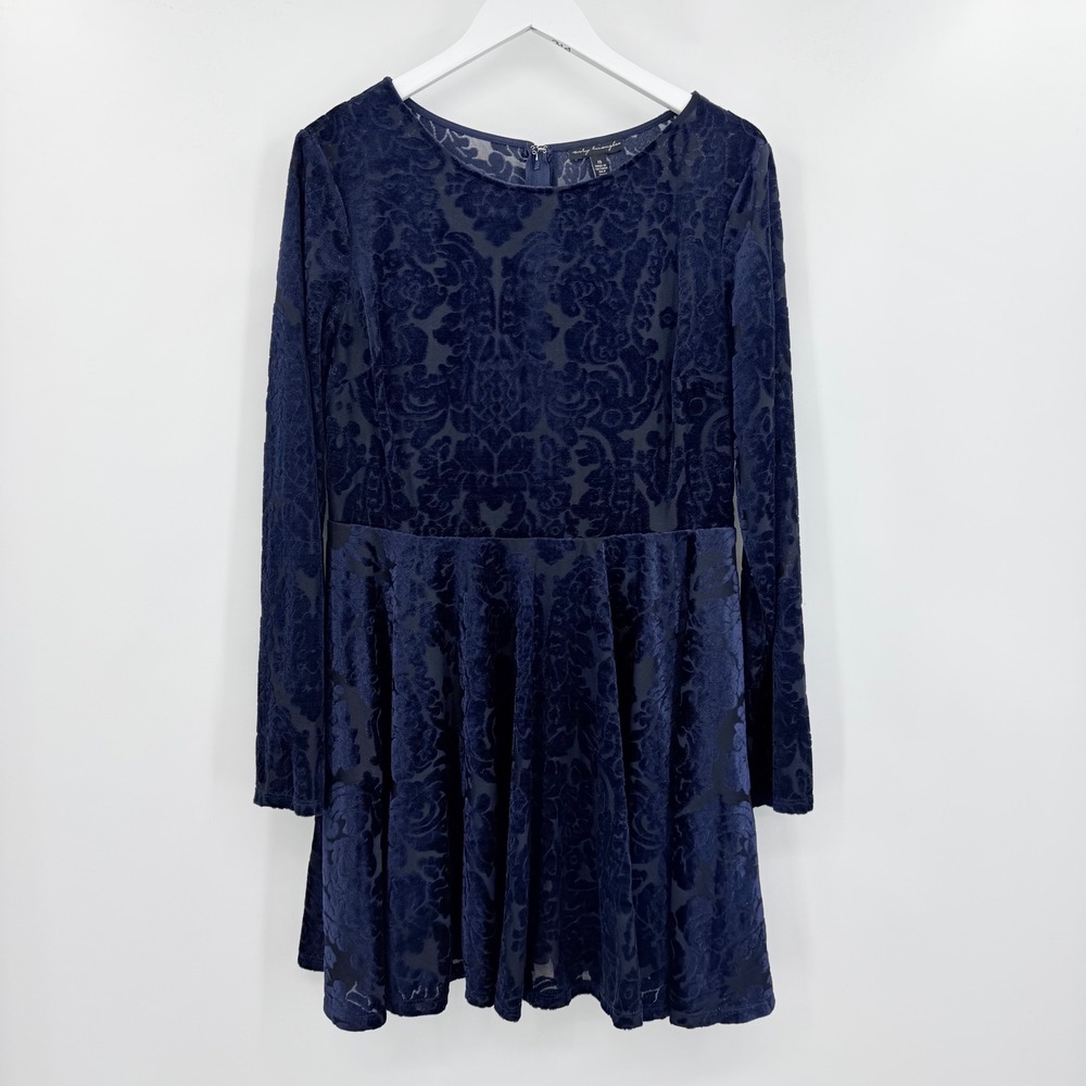 City Triangle Navy Blue Burnout Velvet Damask Floral Mini Dress Long Sleeve 15